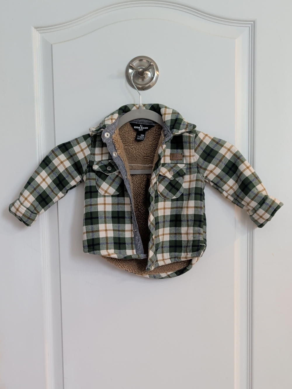 Eddie Bauer Kids Toddler Plaid Hooded Sherpa Shacket - Green/Cream/Tan 18 Months